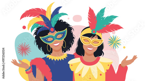 Two cheerful women wearing vibrant carnival costumes with feathered headpieces and ornate masquerade masks at a festive event.