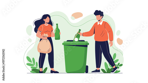 Two young people participating in waste management by putting glass bottles and paper bags into a green recycling bin.