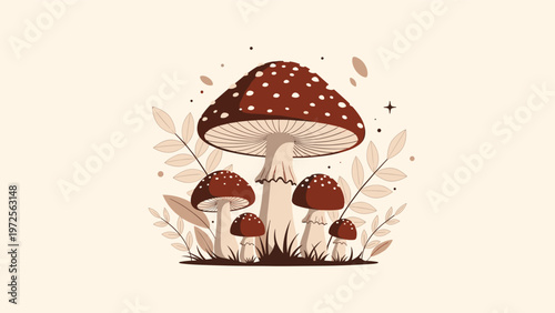 Stylized illustration of a large red fly agaric mushroom surrounded by smaller ones and leaves on a cream background.