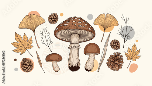 Detailed sketches of various mushrooms, pine cones, and autumn leaves arranged in a beautiful natural collection.