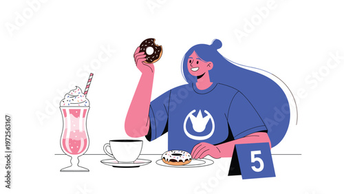 Happy young woman with blue hair enjoying a delicious chocolate donut and a pink milkshake at a trendy cafe table.