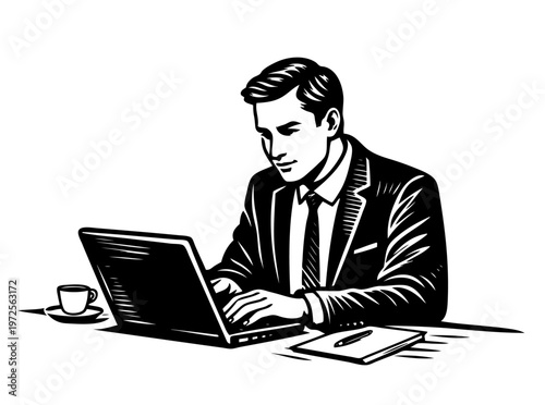 Businessman Intently Working on His Laptop Computer at a Desk, With a Warm Cup of Coffee and a Notebook Ready for Ideas, Reflecting a Diligent and Productive Workday