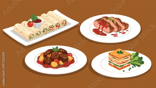 Assortment of gourmet restaurant dishes including vegetable wraps grilled steak meat stew and layered vegetable tower.
