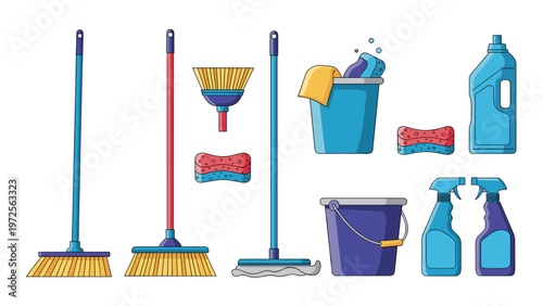 Comprehensive collection of house cleaning supplies including brooms mops buckets sponges and various detergent spray bottles.