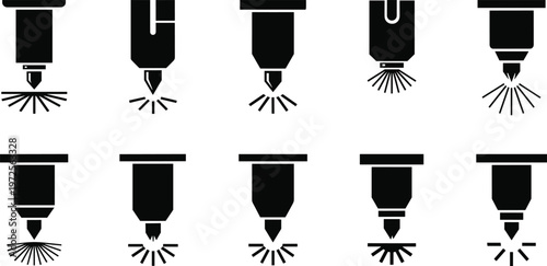 Industrial laser cutting machine nozzle silhouette icons set representing metal manufacturing process with cnc technology high precision plasma flame cutter and sparks for engineering industry.