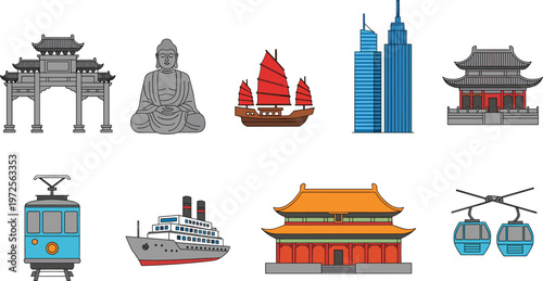 Hong Kong Landmark and Travel Icon Vector Set Featuring Big Buddha, Junk Boat, Peak Tram, Sky100 Skyscrapers, Cable Car, and Traditional Temples for Tourism Designs
