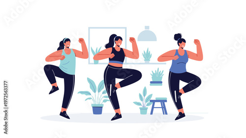 Three athletic women in sportswear perform high energy dance or aerobic routine in bright fitness studio room.