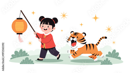 Cute Chinese girl holding a traditional paper lantern while running through a garden with a playful baby tiger.