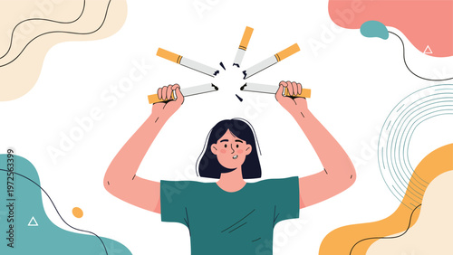 Determined young woman breaks cigarettes to stop smoking against colorful abstract background promoting healthy lifestyle.