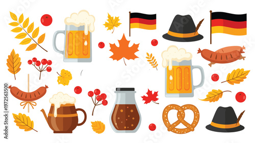 Traditional oktoberfest celebration elements collection featuring beer mugs pretzels sausages german flags and fall leaves.