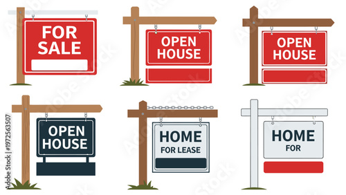 Real estate property signs for sale open house and home for lease in various color designs on wooden posts with grass.