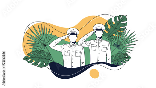 Two military officers in white uniforms saluting with respect surrounded by tropical green leaves on stylized background.