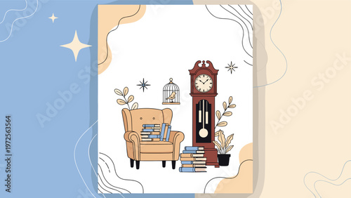 Elegant interior design illustration featuring antique grandfather clock classic armchair and stacks of vintage books.