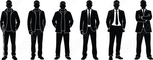 Set of male silhouettes in casual and formal outfits representing fashion styles modern men clothing business attire and lifestyle variations isolated on white background