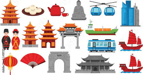 Hong Kong Travel and Culture Icon Set Featuring Big Buddha, Junk Boats, Peak Tram, Pagodas, Traditional Dim Sum, and Skyscrapers for Tourism Marketing