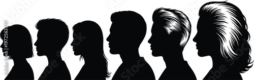 Side profile silhouettes of diverse male and female heads representing identity variation human diversity character design and modern avatar illustration for digital and branding use