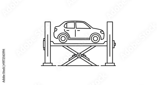 Line art illustration of a car on a hydraulic lift in a repair shop, depicting vehicle maintenance and service.