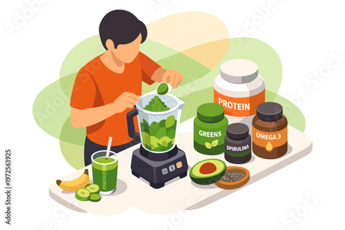 Man preparing healthy green smoothie with supplements for biohacking