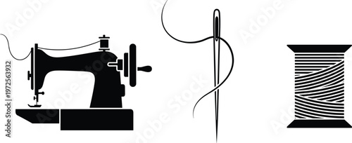 Vintage sewing machine silhouette with needle and thread spool icons for apparel design, tailor workshop branding, textile manufacturing industry, and professional needlework hobbyist equipment.