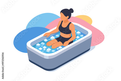 Woman Taking Ice Bath for Muscle Recovery Isometric Vector Illustration