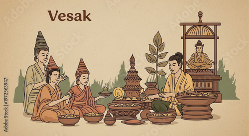 Buddhist monks celebrating Vesak with offerings and traditional attire