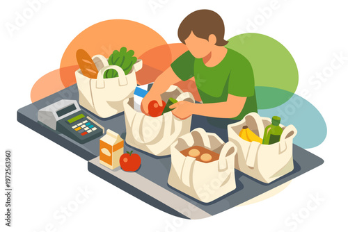 Eco Friendly Grocery Shopping with Reusable Bags Illustration