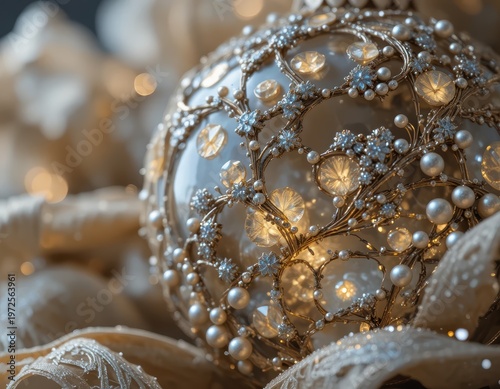 Elegant Decorative Christmas Ornament with Pearls and Lights Surrounded by Ribbons and Fabric