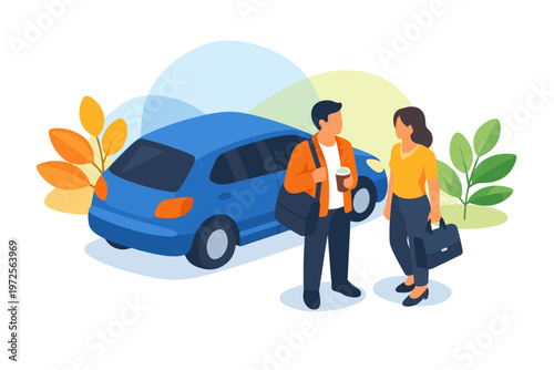 Colleagues carpooling and talking outdoors near a blue vehicle