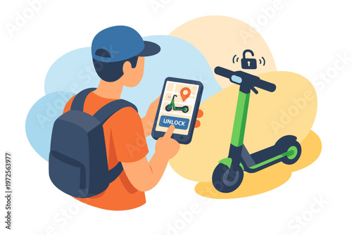 Man Unlocking Electric Kick Scooter via Mobile App