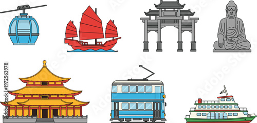 Hong Kong Travel Landmarks Vector Set Featuring Junk Boat, Cable Car, Peak Tram, Buddha Statue, Temple Architecture, and Star Ferry for Tourism Guide Designs