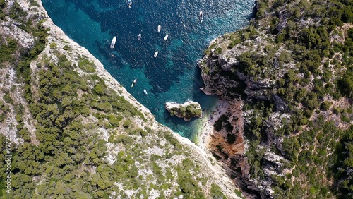 Fotografía Aerial view of the beautiful and hidden  Cala En Caló, and the anchorage in Cape La Nao, coast of the town of Jávea, Mediterranean Sea, Spain