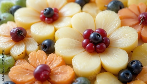 Colorful Arrangement of Sliced Fruits in Floral Shapes with Berries and Fresh Juices