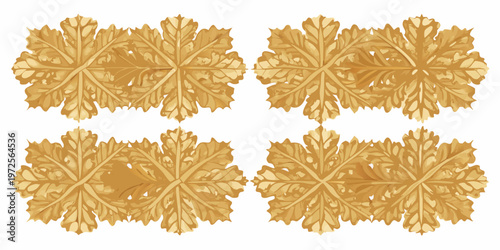 Four golden ornamental snowflake designs against a white background