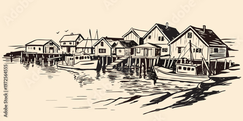 Sketch of a quaint coastal village with stilt houses and fishing boats