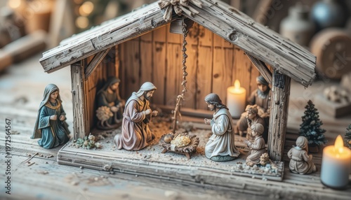 Nativity Scene with Figurines in a Wooden Manger Surrounded by Candles and Ornaments
