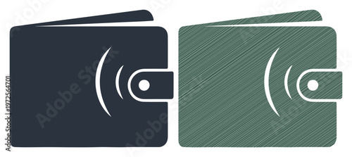 Vector wallet icons, contactless payment symbols, black and green card wallets, mobile payment signs
