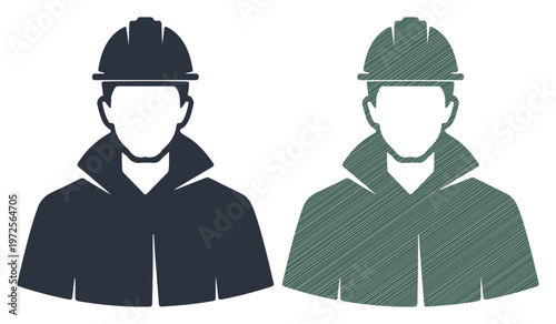 Construction worker icons, laborer silhouettes, hard hat avatars, industrial worker graphics, two men vector