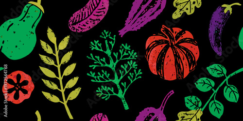 Colorful botanical illustration featuring various fruits vegetables and foliage