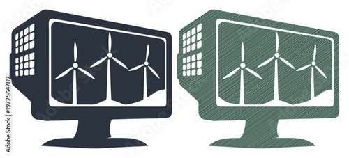 Eco friendly wind energy, sustainable power icons, computer monitors, green technology, renewable energy symbols
