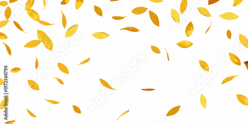 Golden confetti falling against a clean white background