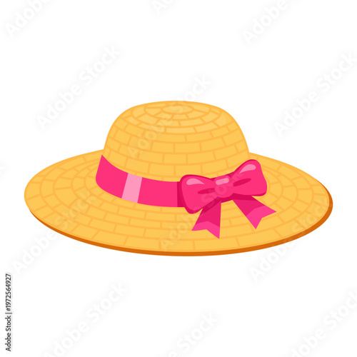 Straw sun hat with ribbon bow in flat style as a summer beach fashion accessory