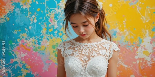 Bride in Elegant White Dress with Floral Detail Posing in Front of Colorful Artistic Background