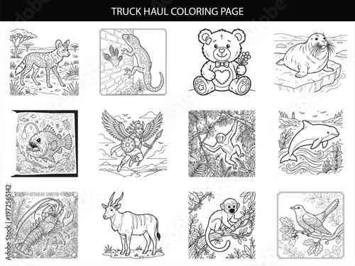 Truck haul coloring page set featuring wild animals and fantasy creatures for educational children coloring activity book
