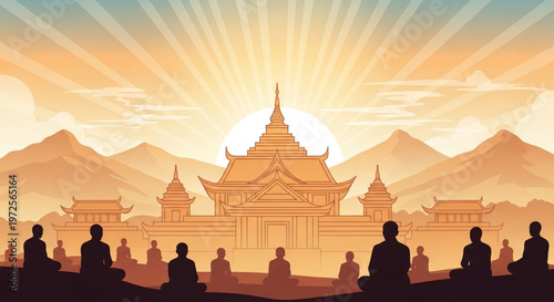 Serene Sunrise Over a Buddhist Monastery with Monks in Meditation Amidst Majestic Mountains