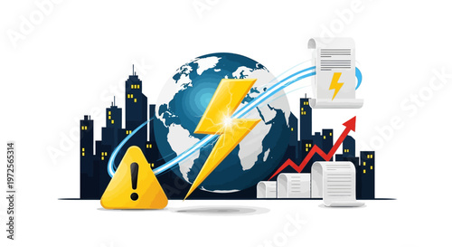Conceptual vector illustration depicting the energy crisis, featuring a silhouette of a city skyline and a globe, underscored by rising bill costs and a prominent warning sign