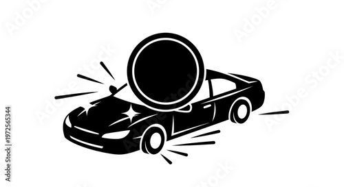 Stylized black and white illustration of a shining car with a large circular object on its roof, possibly a prize or a spotlight.