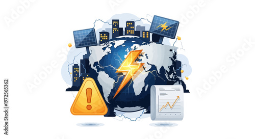 A graphic illustration depicting the global energy crisis with a yellow lightning bolt striking the earth, shown against a clean white background with a silhouette of a city and a warning