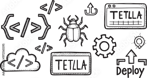 Drawn coding symbols bug computer window gears cloud deploy technology concept