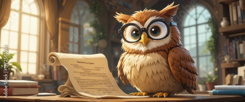 Cute Scholarly Owl Wearing Glasses in a Cozy Library Surrounded by Books and Scrolls