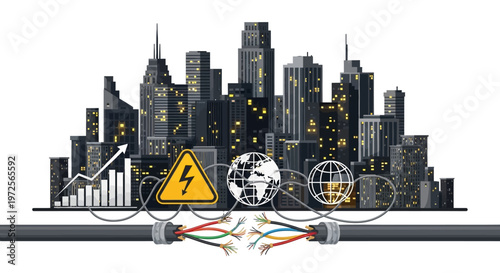 Stylized vector illustration depicting an energy crisis situation, showing a city silhouette at night with damaged electrical cables and a global network icon, set against a clean white